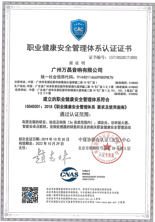 爵士龙-职业健康安全管理体系认证证书